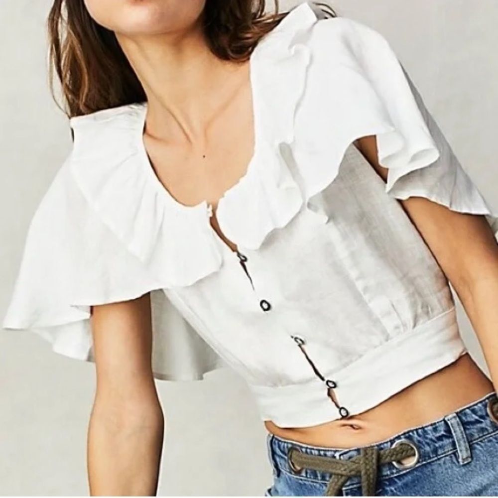 We The Free Free People Blouse Sweet Times 100% Linen Crop Top in White